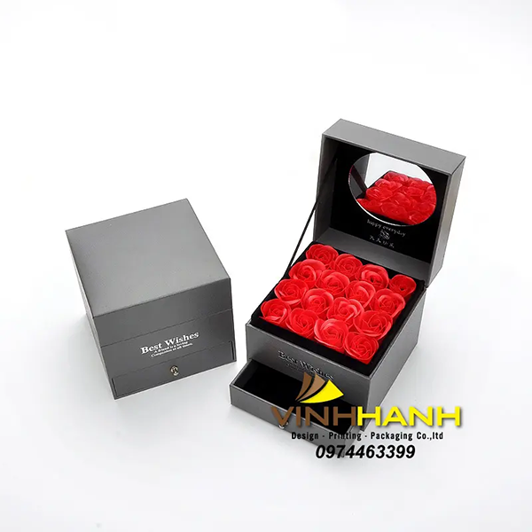 Hộp quà tặng trang sức & hoa hồng 2 tầng có gương