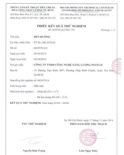 Kết quả thử nghiệm đèn đường