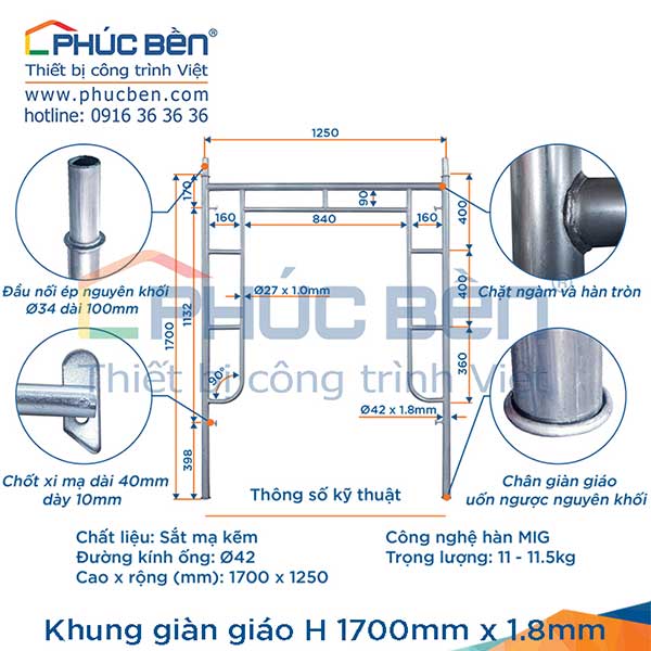Khung giàn giáo H 1700mm x 1.8mm