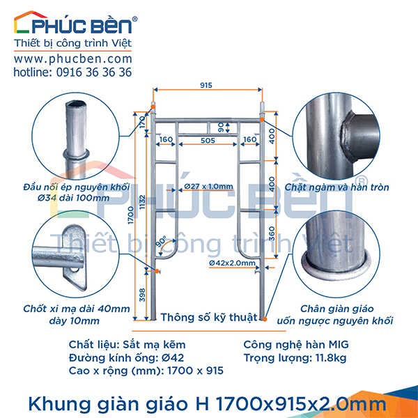 Khung giàn giáo H 1700x915x2.0mm