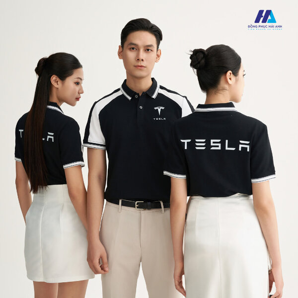 Áo polo đồng phục màu đen phối trắng