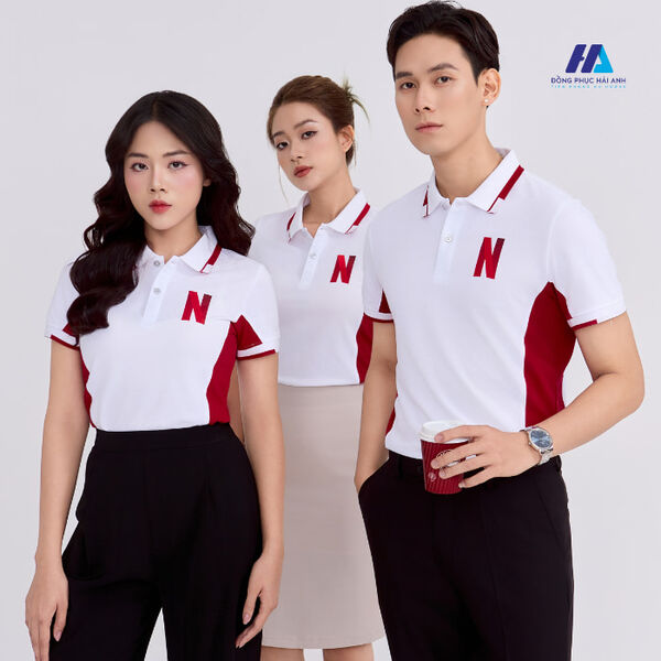 Áo polo đồng phục Netflix màu trắng phối đỏ