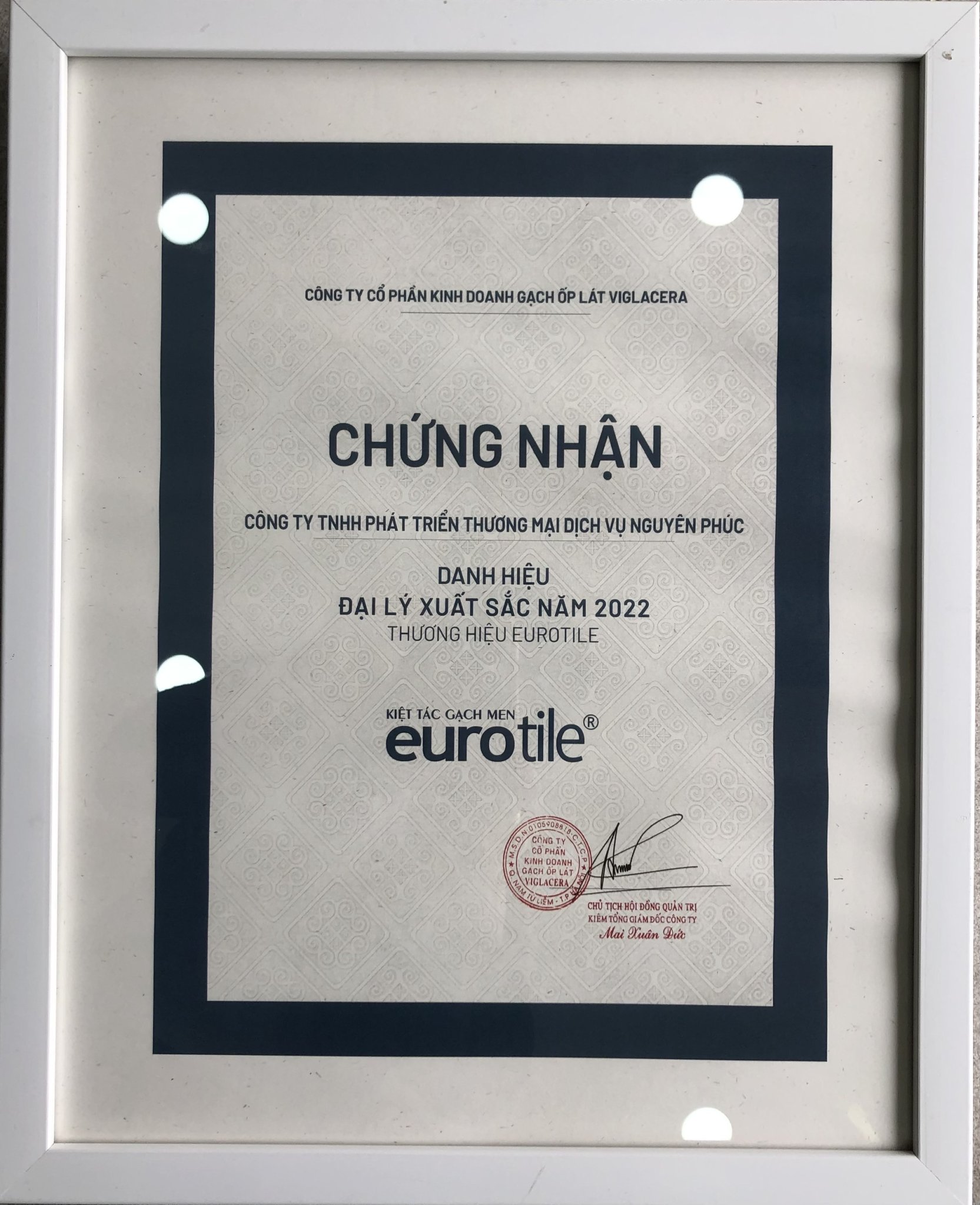 Chứng nhận đại lý xuất sắc
