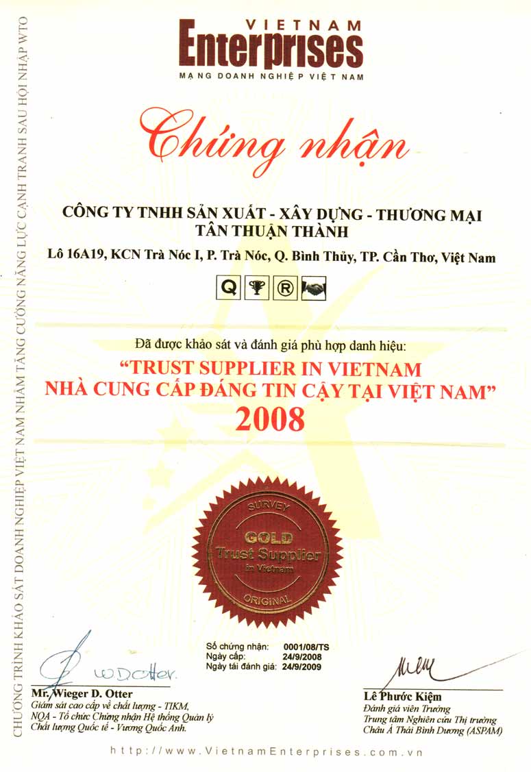 Giấy chứng nhận nhà cung cấp đáng tin cậy Việt Nam 2008