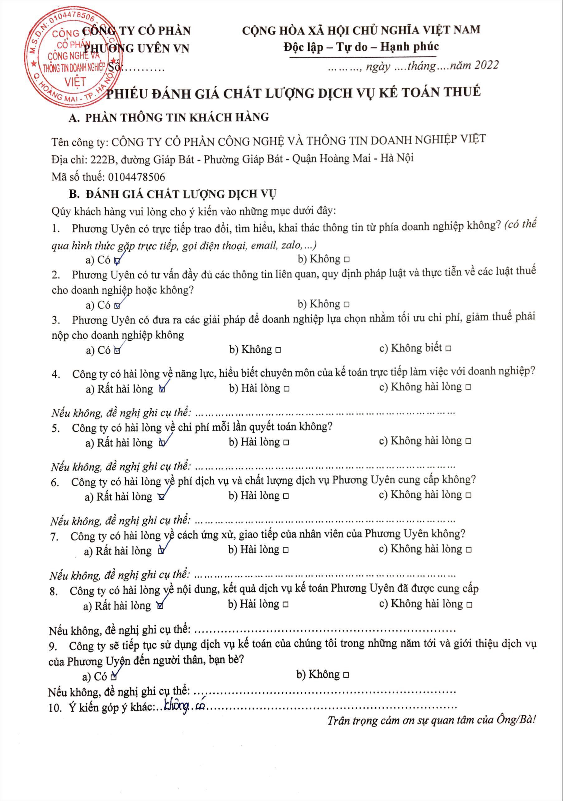 Phiếu đánh giá chất lượng dịch vụ