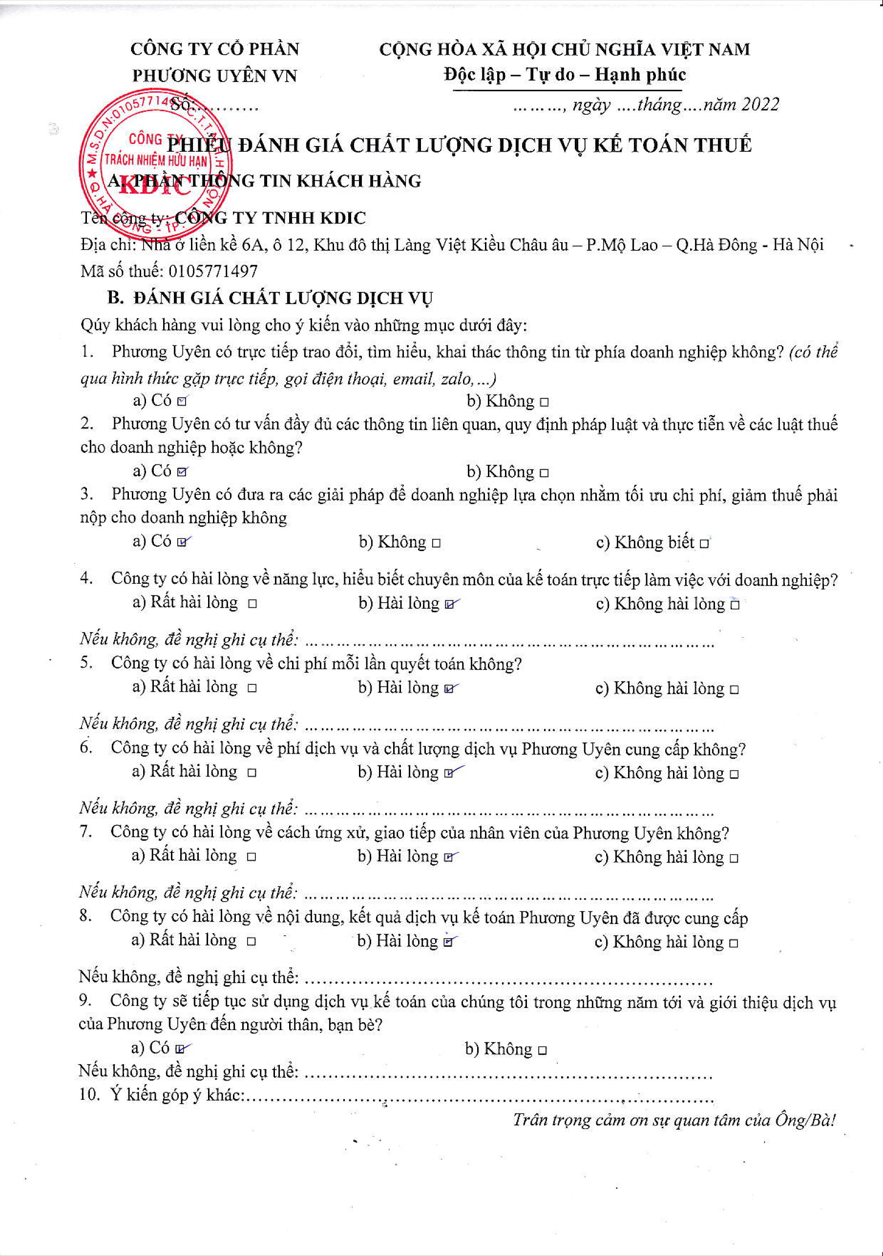 Phiếu đánh giá chất lượng dịch vụ