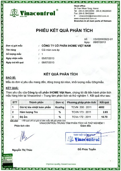 Phiếu kết quả phân tích củi mùn cưa