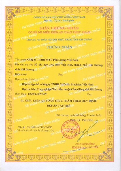 GCN cơ sở đủ điều kiện an toàn thực phẩm