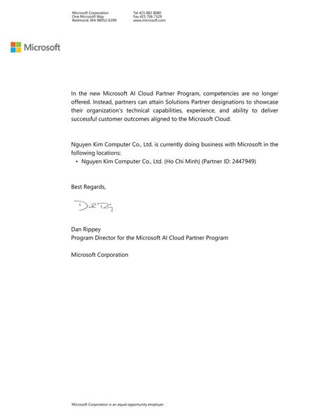Thư xác nhận năng lực đối tác chương trình Microsoft AI