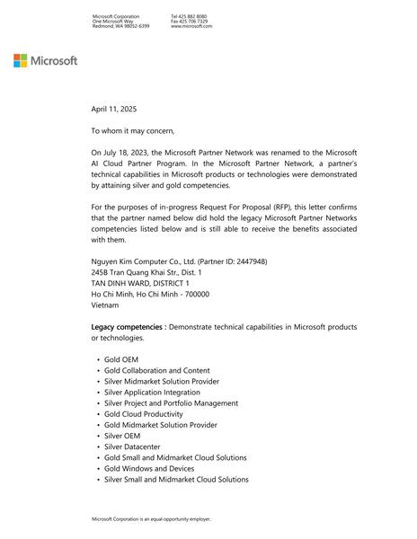 Thư xác nhận năng lực đối tác chương trình Microsoft AI