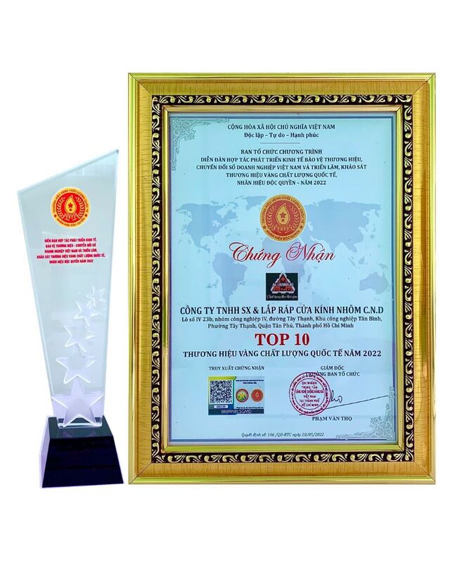 Chứng nhận top 10 thương hiệu vàng chất lượng quốc tế năm 2022