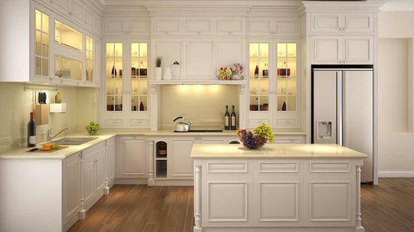 Tủ bếp Sồi trắng cổ điển sợi PU