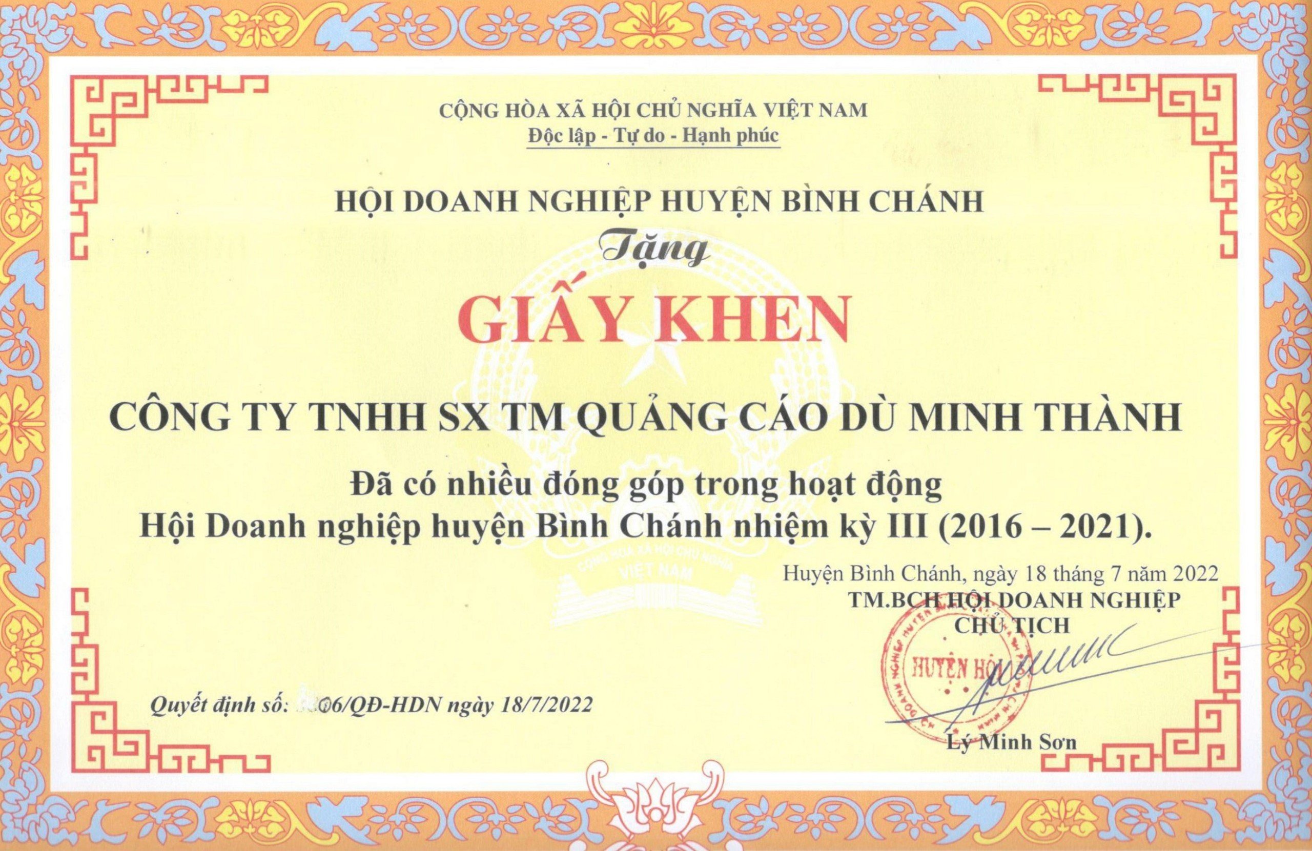 Giấy khen của Hội doanh nghiệp Bình Chánh