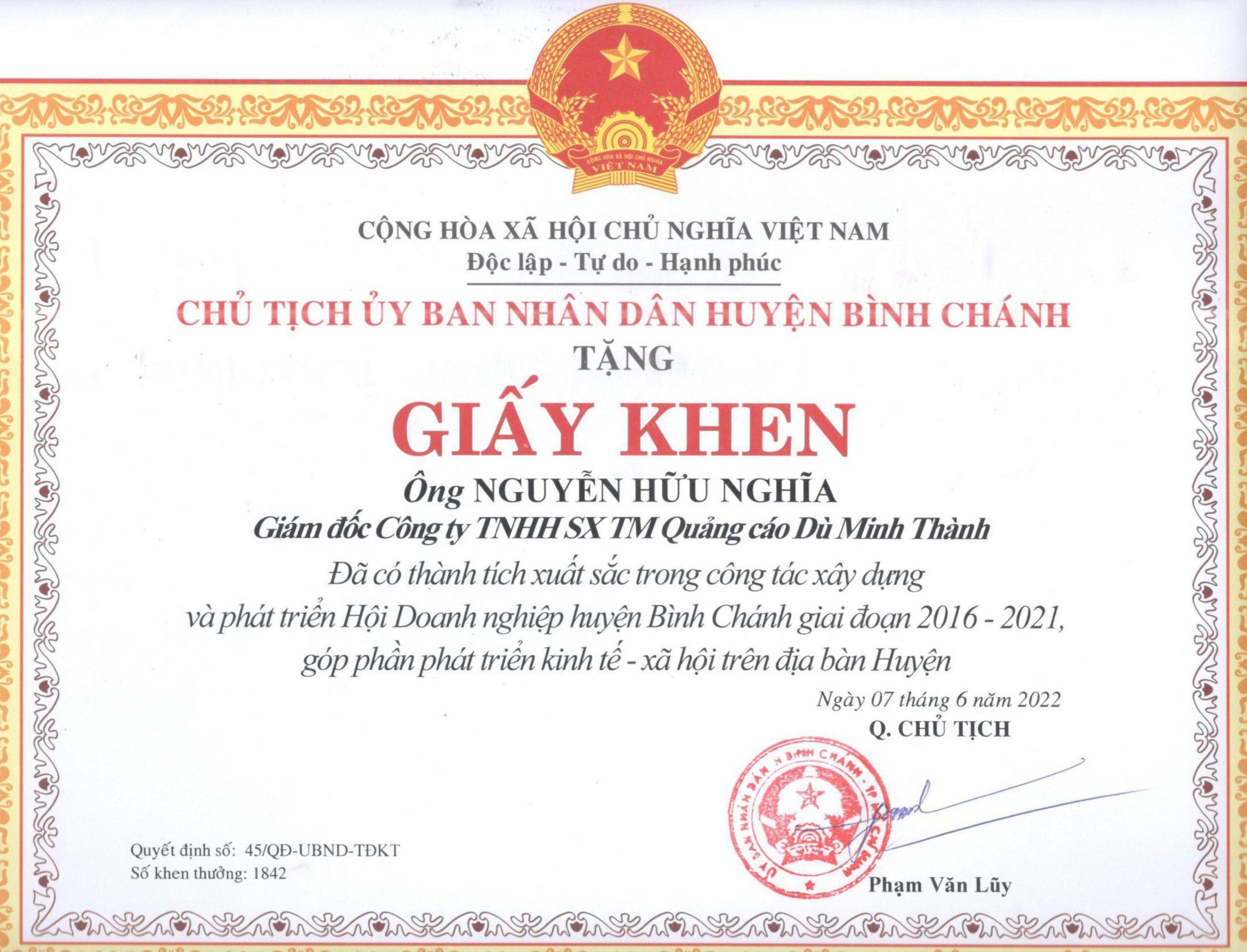 Giấy khen của Chủ tịch UBND Huyện Bình Chánh