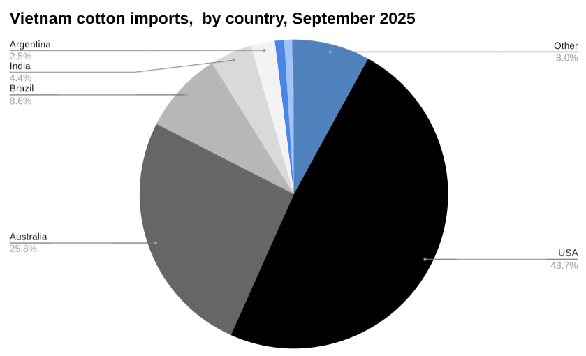 越南棉花饼图进口s,2025 年 10 月(按国家/地区)。